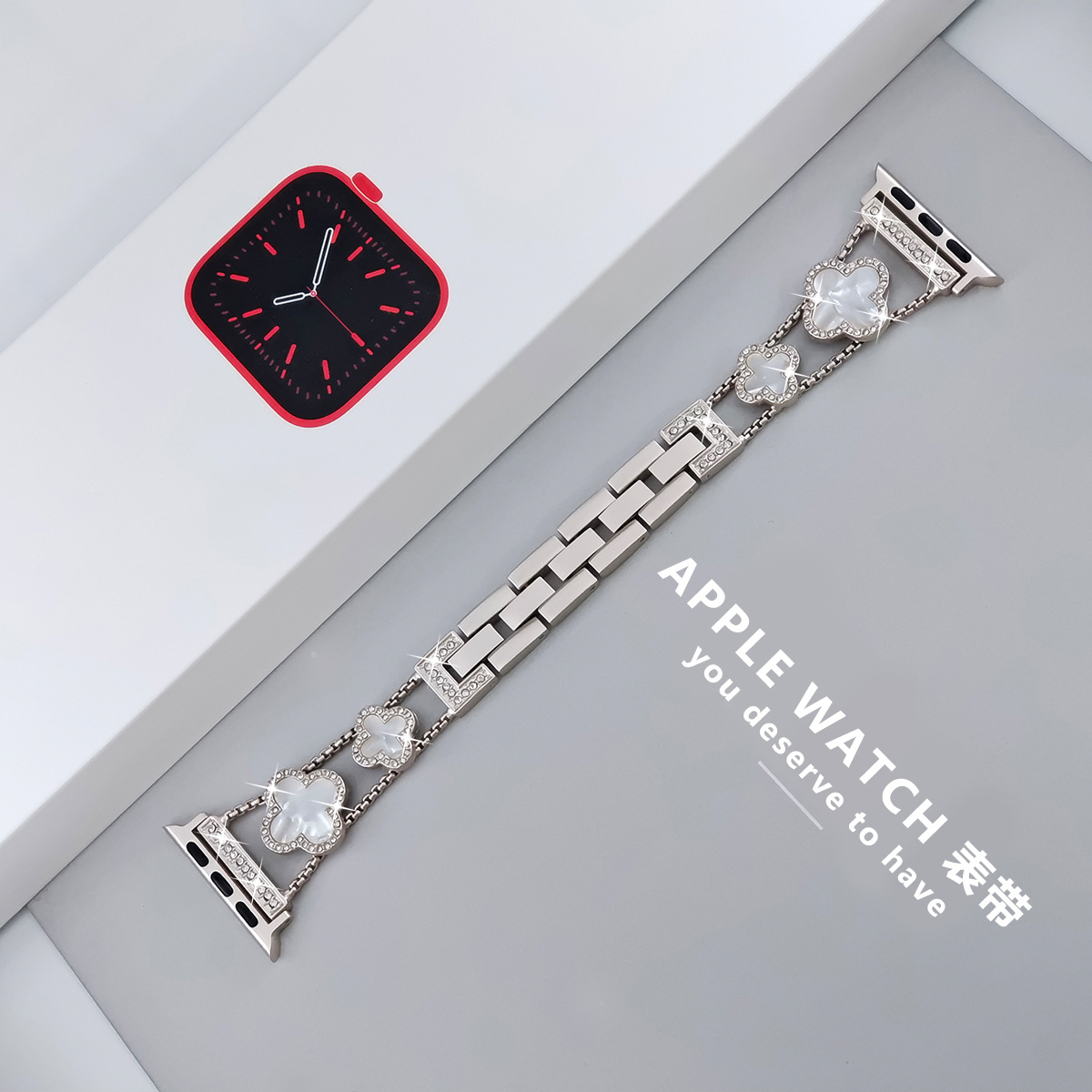 适用苹果手表 apple watch  SE1-9代时尚镶钻四叶草金属表带详情19