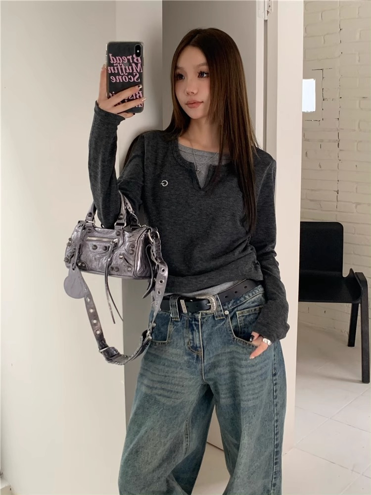 女士T恤假两件长袖T恤秋冬内搭修身显瘦打底上衣美式复古打底衫详情12