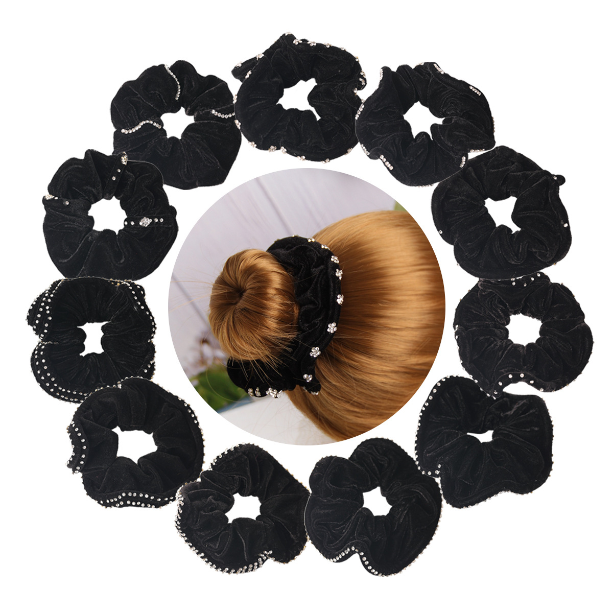 新款镶钻不倒绒发圈金丝绒带钻头饰盘发点钻绒布大肠圈韩版发饰详情1