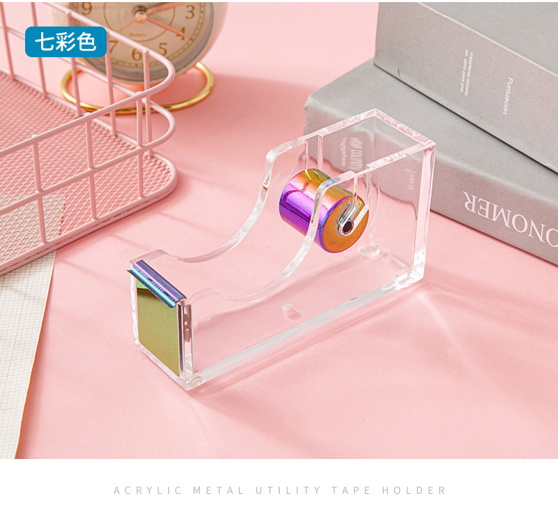 Acrylic rose gold tape base, transparent electroplated metal tape cutter i, medium-sized desktop hand-tear divider pic 15