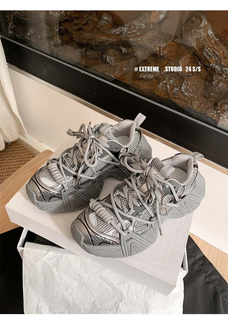 葡萄妈同款 画报女孩 时髦双鞋带网面拼接厚底增高老爹鞋女真皮详情75