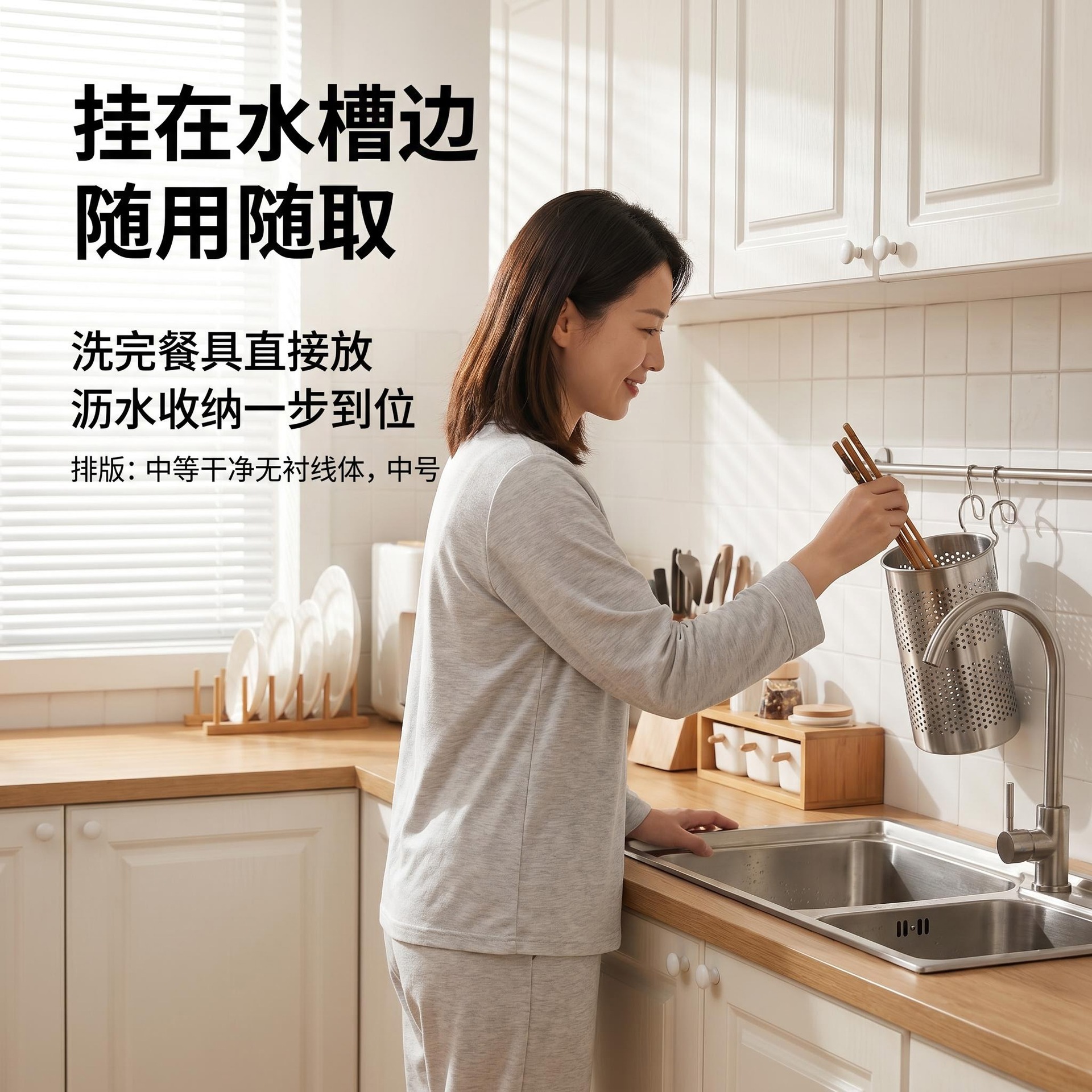 乐氏不锈钢多功能挂式筷子筒沥水架厨房挂钩筷笼家用置物架批发 pic 2