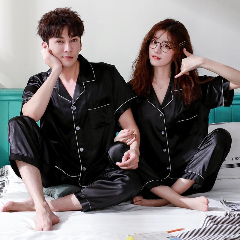A wholesale set of short-sleeved couple pajamas for spring and autumn, featuring solid ice silk color faux silk for both men and women, can be worn as outerwear for home wear pic 9