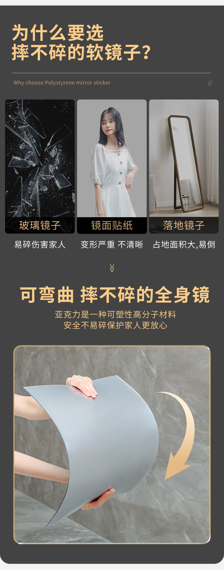 软镜子贴墙自粘全身穿衣镜贴片高清化妆镜亚克力浴室宿舍壁挂镜子详情4