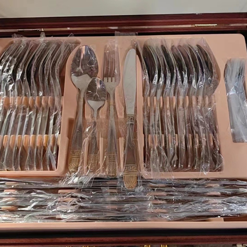 72-piece Western tableware set, 84-piece set, gold-plated Gong Yan stainless steel knife, fork and spoon gift box, wooden box pic 14