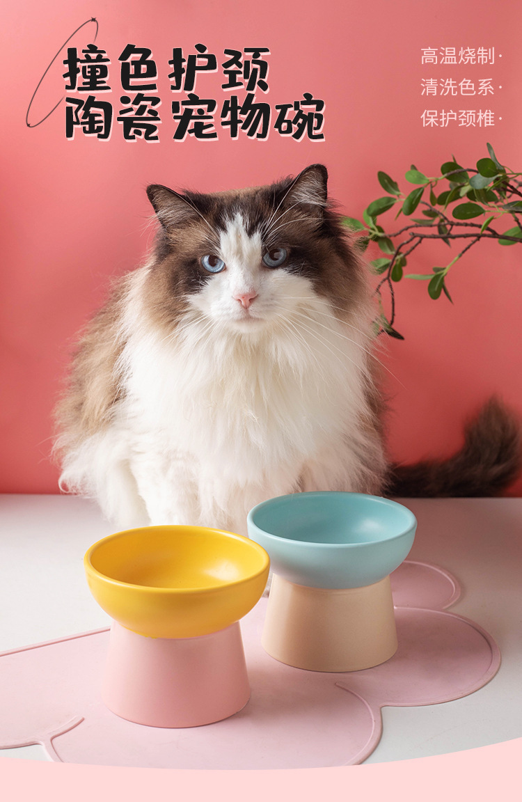 Wholesale of color-blocking ceramic cat bowls with high legs to protect the cervical vertebrae, cat food bowls, cat and dog basins, drinking bowls, and pet snack bowls pic 1