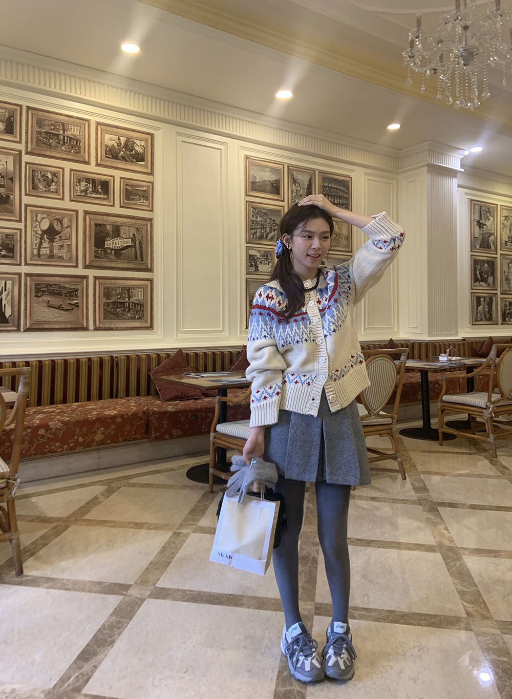 费尔岛复古美式少女撞色波普提花单排扣针织开衫厚实保暖毛衣外套详情54