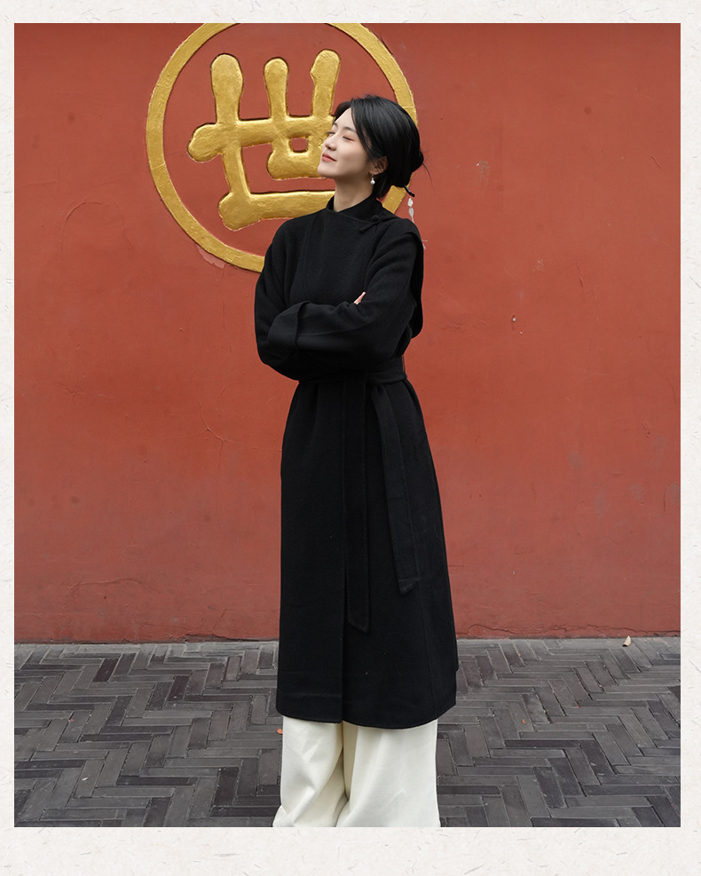 2025 New Chinese-style Australian wool Double-sided cashmere Chinese-style coat for women, mid-length black woolen wool coat with buttons pic 11