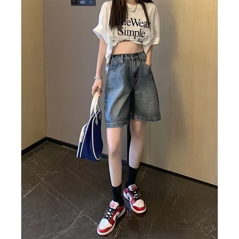 复古简约牛仔裤女宽松夏季新款高腰五分裤显瘦百搭五分直筒中裤潮详情6