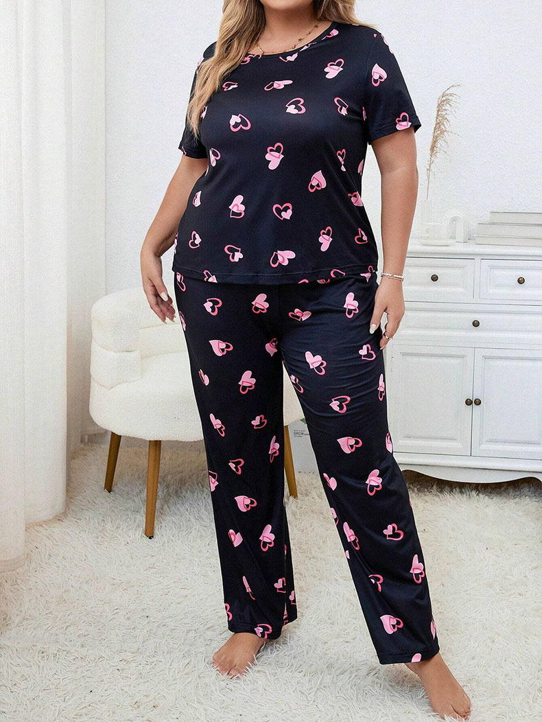 跨境秋冬季大码睡衣女爱心印花圆领短袖长裤欧美家居服套装Pajama详情9