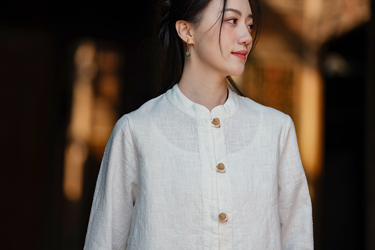 国潮中式棉麻女装拼色盘扣衬衫复古亚麻上衣茶服女禅意中山装国风开衫详情4