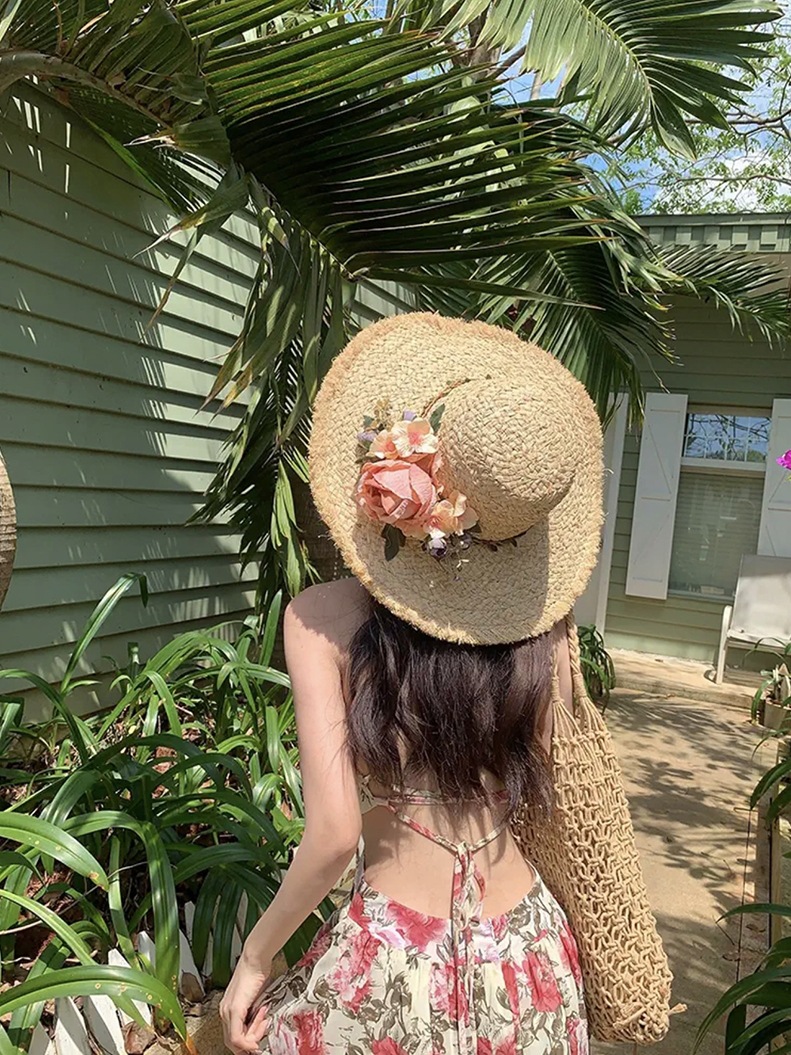 花朵手工编织拉菲草帽女夏季法式大檐遮阳防晒帽海边度假太阳帽子详情4