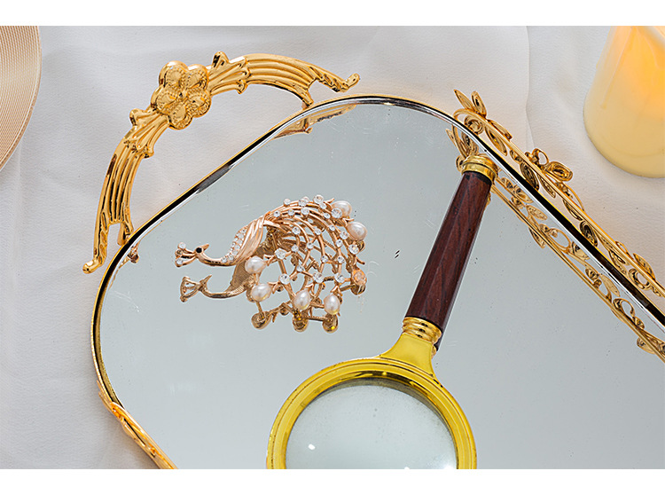 European-style light luxury oval-shaped pastry and fruit plate, metal ironwork mirror candy tray, photo display, jewelry storage pic 8