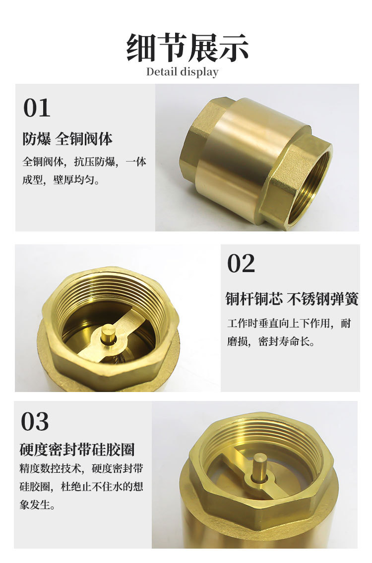 黄铜立式止回阀加厚自来水管道逆止阀单向阀弹簧式阀门4分6分1寸详情4