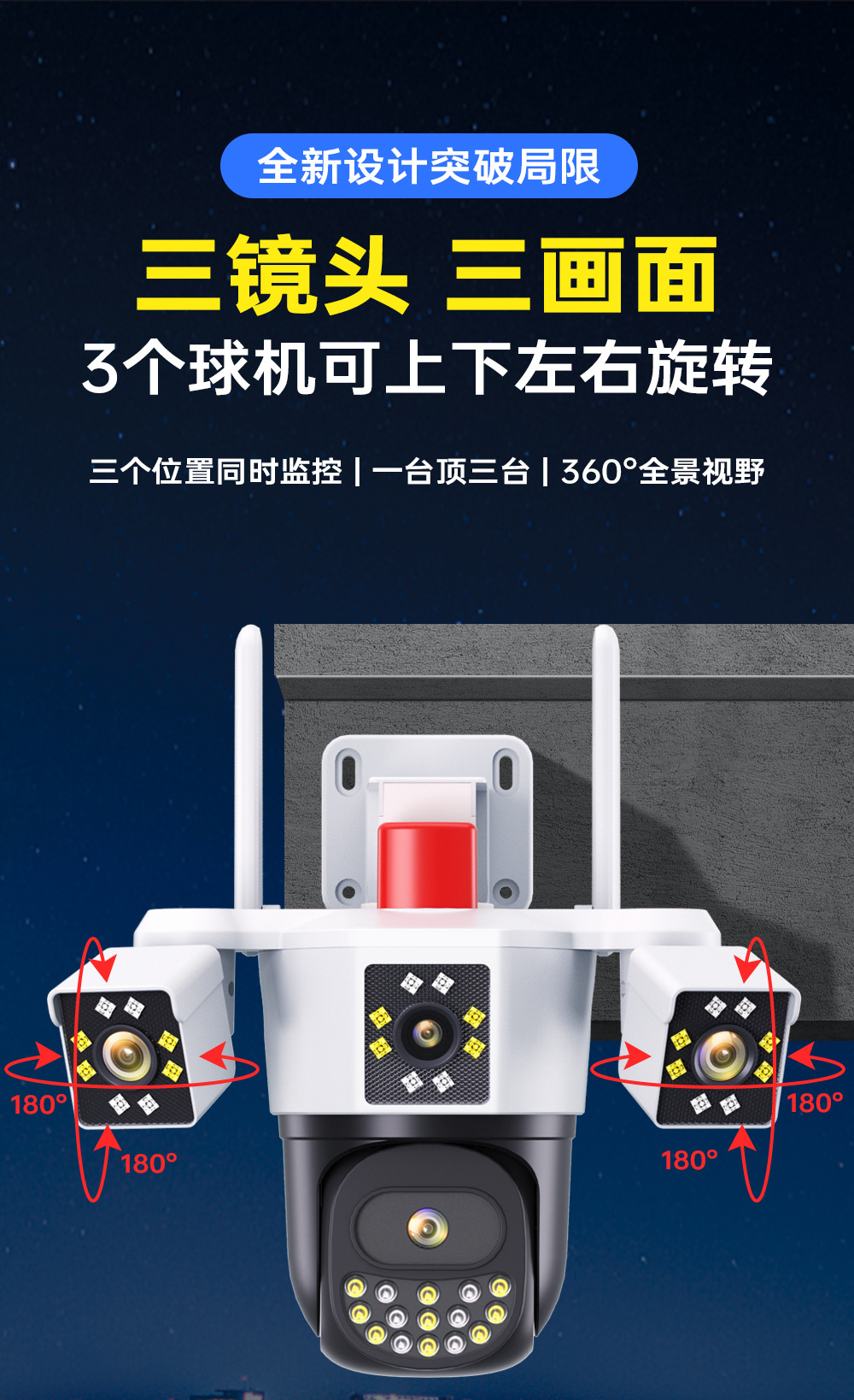 三画面监控摄像头同时监控三个区域无需充值免流量wifi4G太阳能详情1