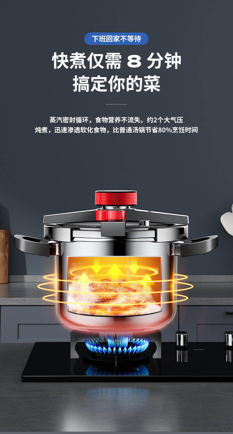 AEU 304不锈钢高压锅6L8L家用加厚防爆压力锅三档炖煮节能锅具详情2