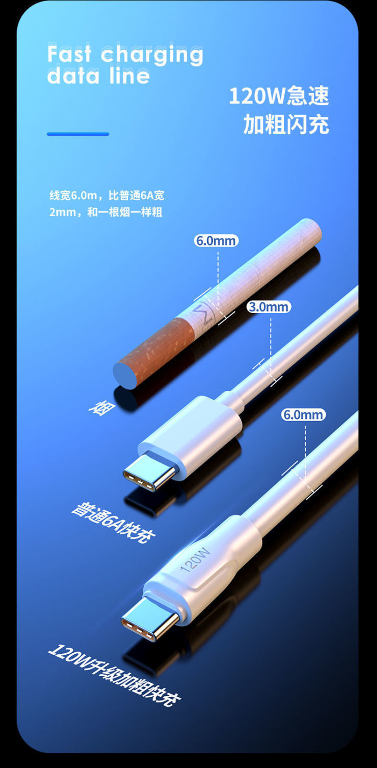 120W神龙数据线加粗OD6.0快充数据线type-c适用于华为苹果充电线详情3