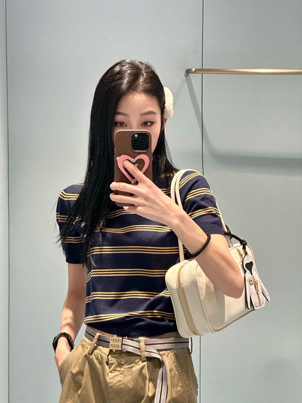 miu系真丝羊毛夏季polo领T恤减龄新款针织衫撞色条纹复古学院风详情17