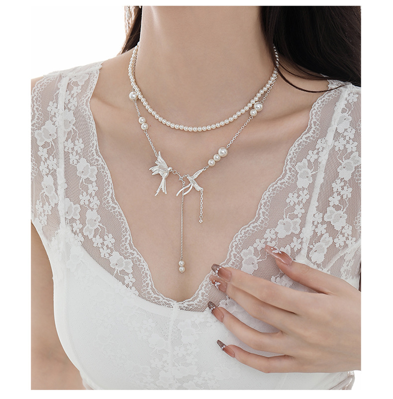 New Chinese-style double-layer cascading pendant feather chain pearl necklace for women, fashionable, exquisite, versatile and high-end collarbone chain wholesale pic 9