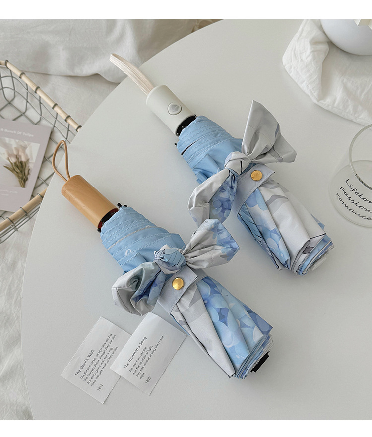 蓝色绣球花图案长柄伞色丁24骨雨伞定制一次性雨伞详情6