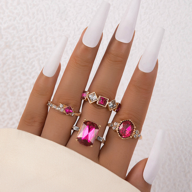 欧美流行饰品戒指手饰 蛇形爱心仿绿宝石镶钻ins风五件套戒指女详情46