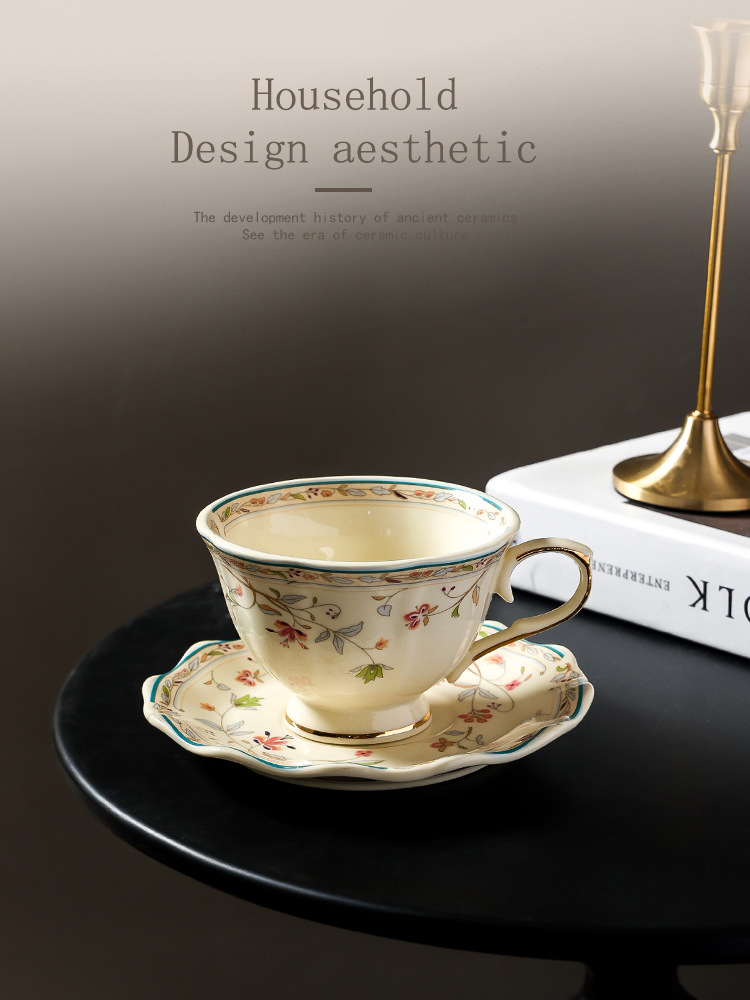 European-style gold-edge flower coffee cups and saucers, retro country-style flower vine ceramic cups and saucers, light luxury lace afternoon tea cups and saucers pic 10