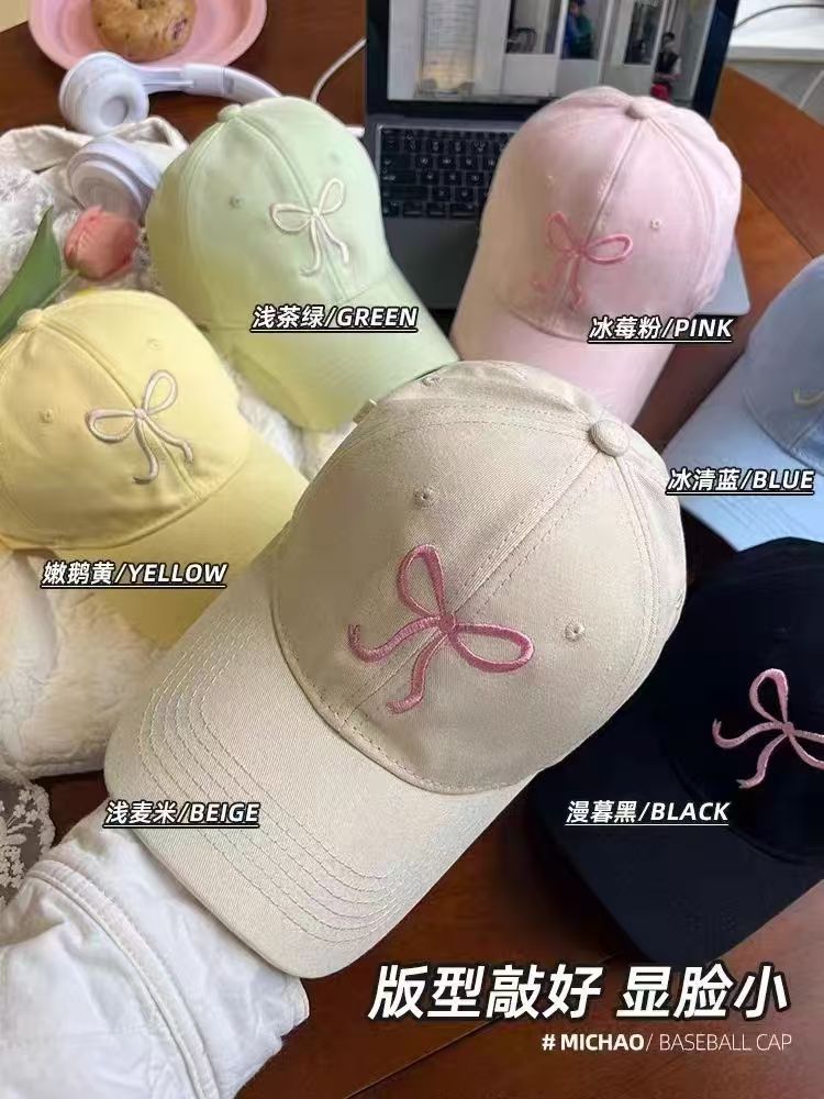 蝴蝶结棒球帽女2024新款甜美可爱浅粉色百搭显脸小硬顶防晒鸭舌帽详情5