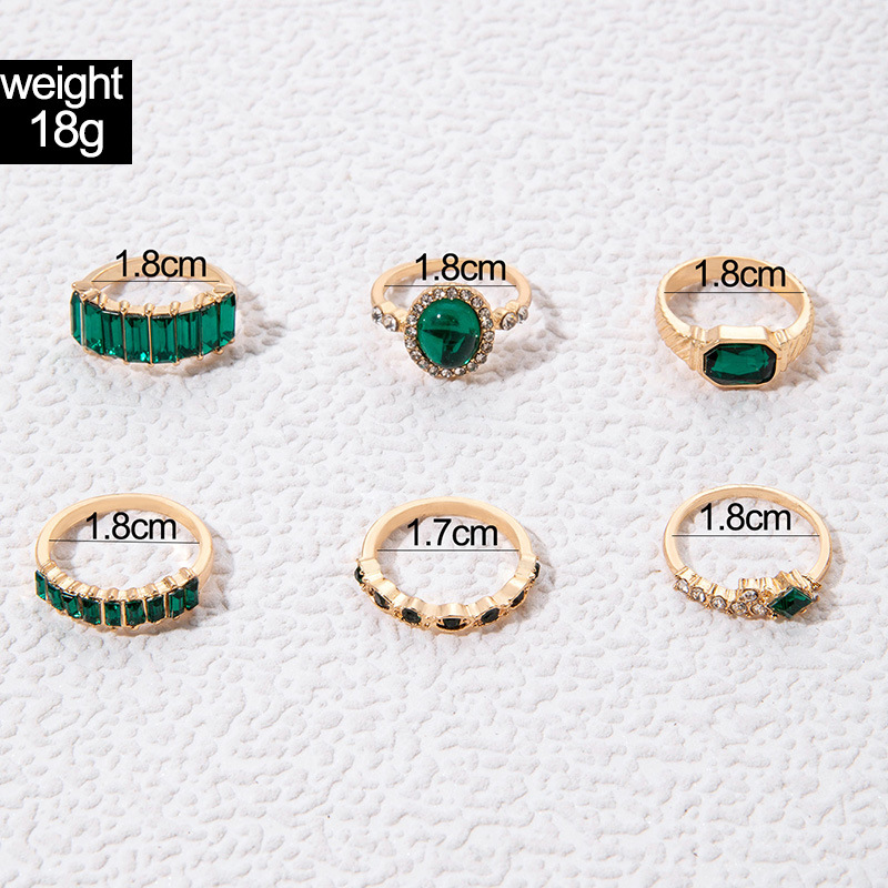 欧美跨境复古个性饰品 绿色镶钻六件套戒指 仿宝石轻奢戒指套装详情1