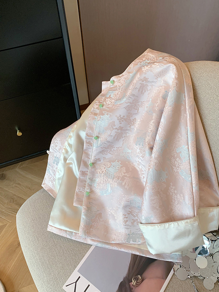 新中式盘扣提花缎面外套2024春季新款复古圆领设计感唐装旗袍上衣详情5