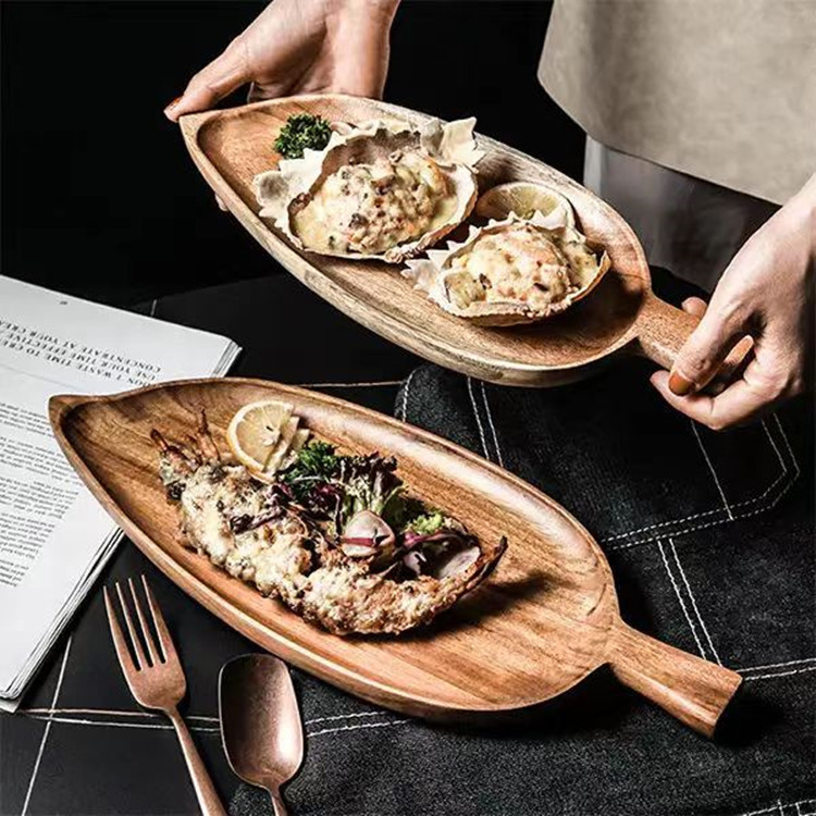 Cross-border wooden afternoon tea snack tray, leaf-shaped home dining plate, acacia wood cheese sushi plate pic 1
