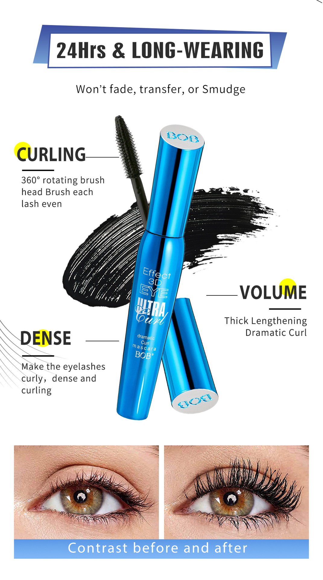 Cross-border exclusive bob Three-dimensional curling mascara: Thick, non-smudge, slender, waterproof and long-lasting black base cream pic 5
