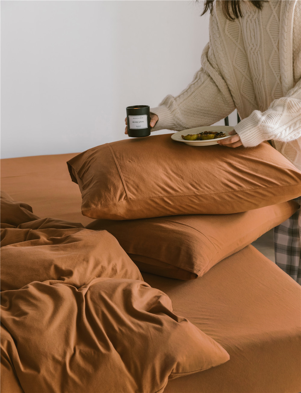 ins Japanese-style solid color all-cotton knitted cotton four-piece set, skin-friendly nude sleeping plain double-layer Indian cotton bed sheet pic 44