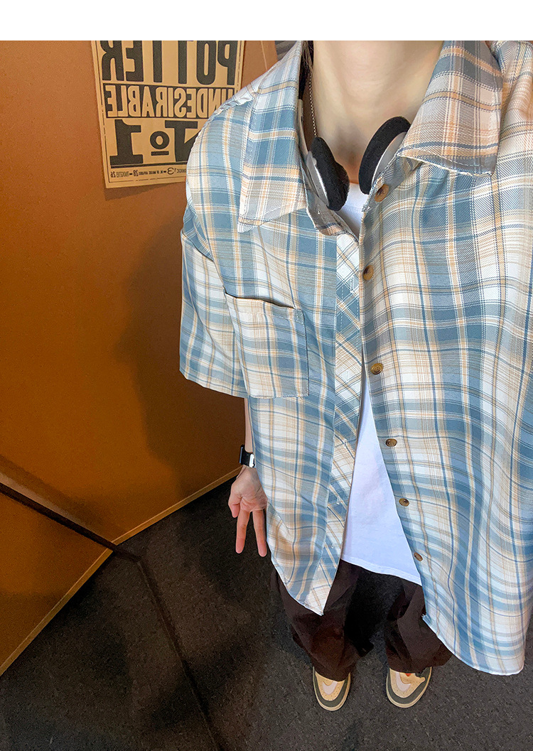 简恒日系复古印花短袖格子衬衫男女休闲夏季宽松BF风撞色情侣衬衣详情14