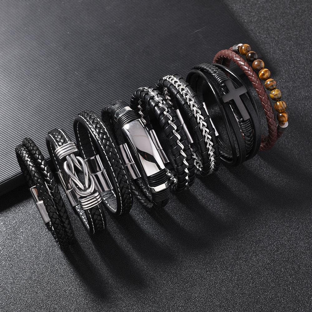 速卖通希音爆款男士手环 多层编织皮革手链时尚个性磁吸扣手链详情4