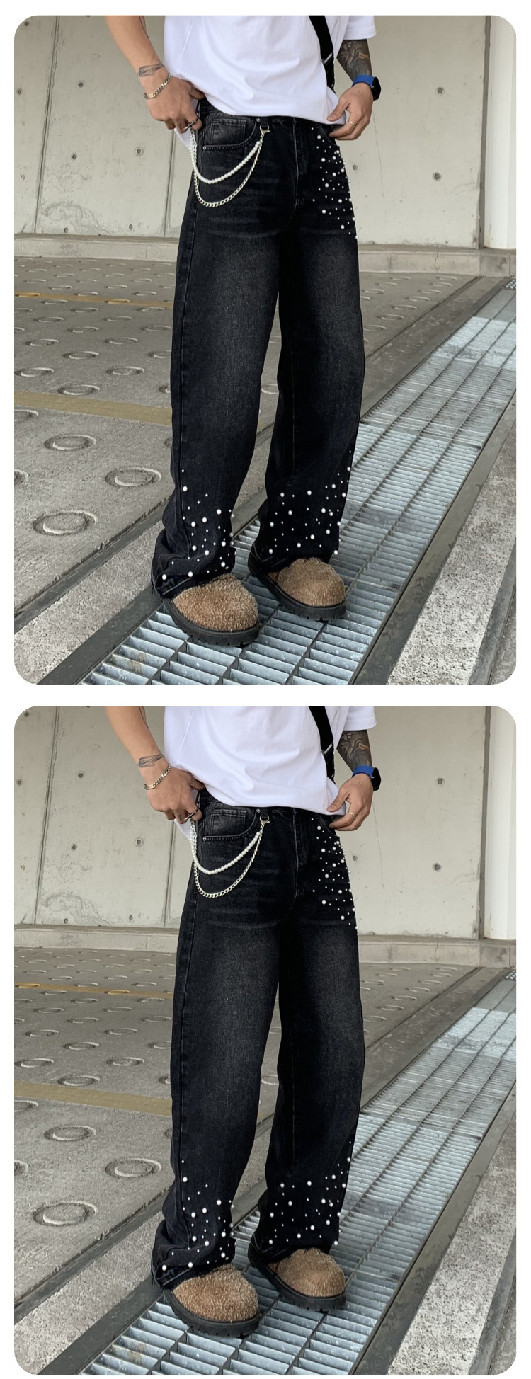 Cross-border Parisian style beaded jeans for men, 2025 new trendy streetwear brand loose straight-leg wide-leg pants for men pic 12