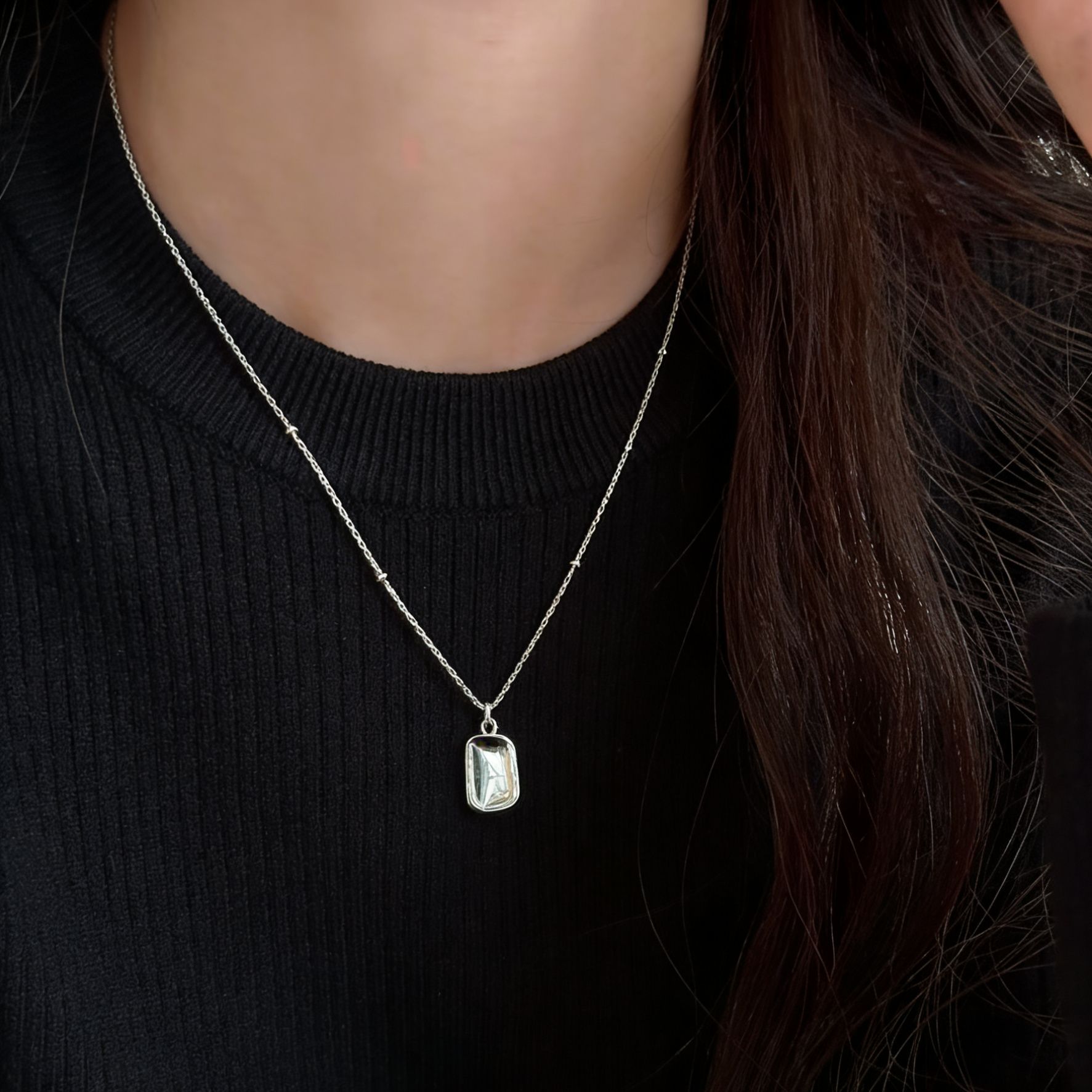 Korean s925 sterling silver 3.5 simple concave square pendant necklace, a niche design for women, collarbone chain neck accessory pic 6