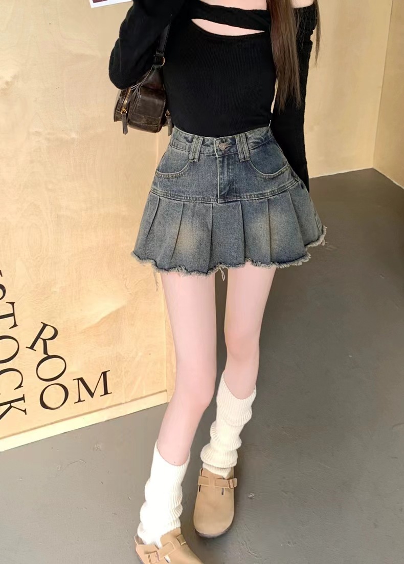 辣妹复古百褶牛仔半身裙女2024新款夏季高腰a字防走光包臀短裙子详情7