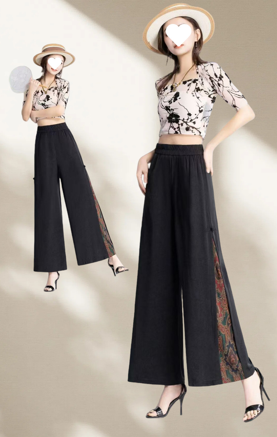 国潮【古风古韵阔腿裤】夏季新款中国风裙裤女高腰薄款绣花开叉阔腿裤详情5