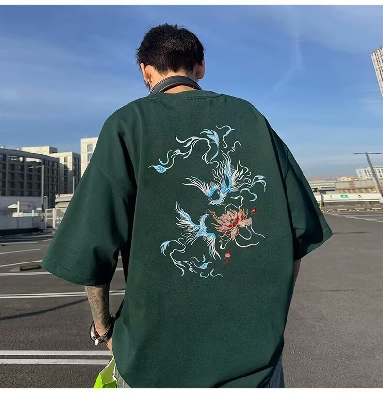 国潮中国风衣服白色纯棉短袖t恤男宽松大码凤凰潮牌重磅半袖夏季详情34