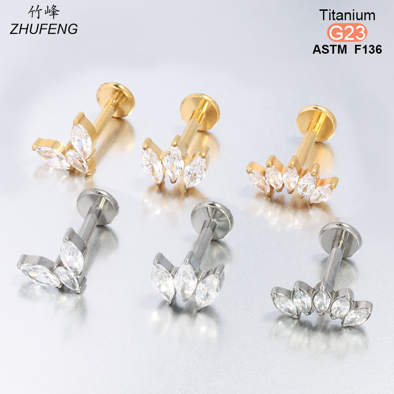 F136钛合金镶锆石耳钉时尚高级感镀金不掉色耳骨钉内牙螺旋唇钉详情1