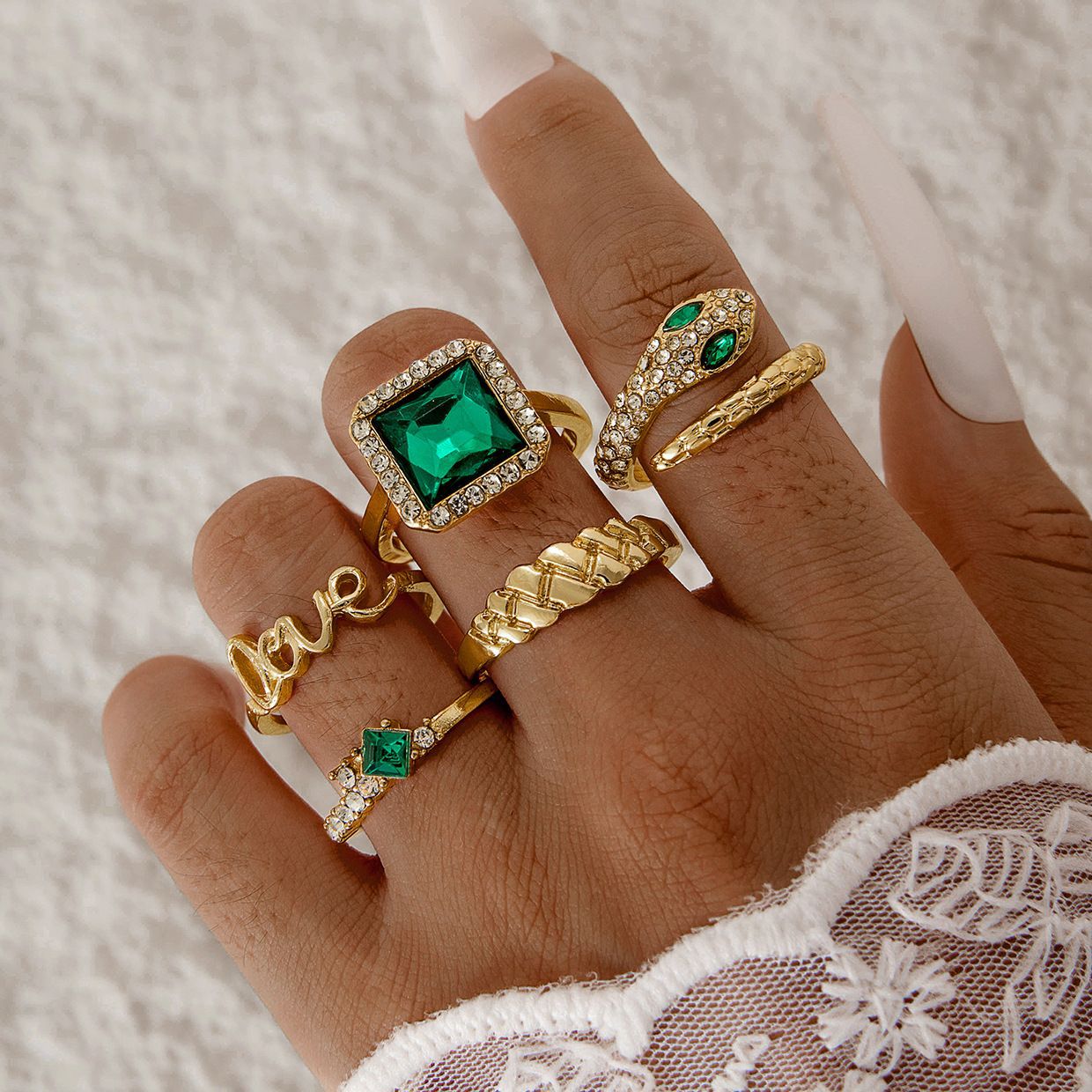 欧美流行饰品戒指手饰 蛇形爱心仿绿宝石镶钻ins风五件套戒指女详情70