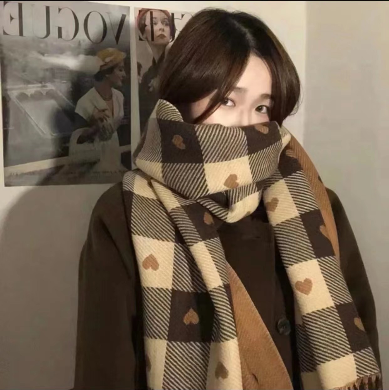 网红抖音爱心仿羊绒格子围巾韩版百搭双面双色秋冬保暖大披肩高级详情8