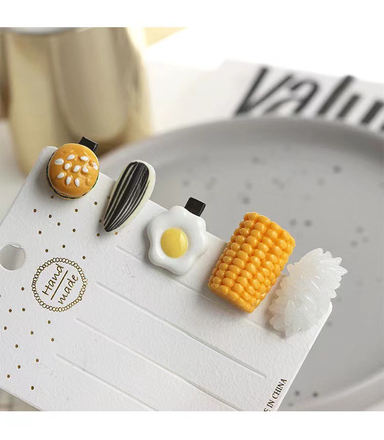Super cute simulation food mini clips, strange hair clips, funny food, rice, poached eggs, corn and melon seed clips pic 7