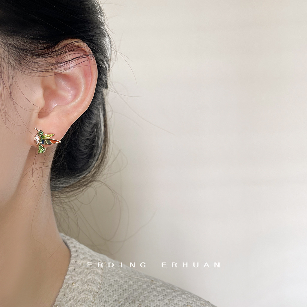 Light luxury style colored enamel drop glaze hummingbird 14K ear studs slightly inlaid zircon three-dimensional bird dynamic and high-end earrings pic 6