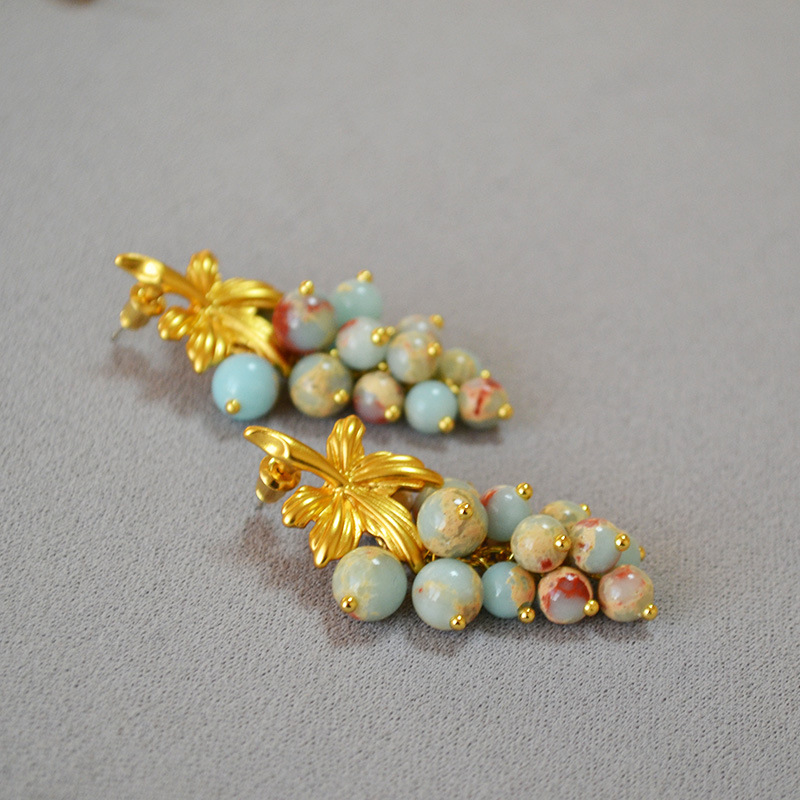 欧美复古文艺石头串珠树叶葡萄珍珠法式小众气质925银针耳环耳饰详情9