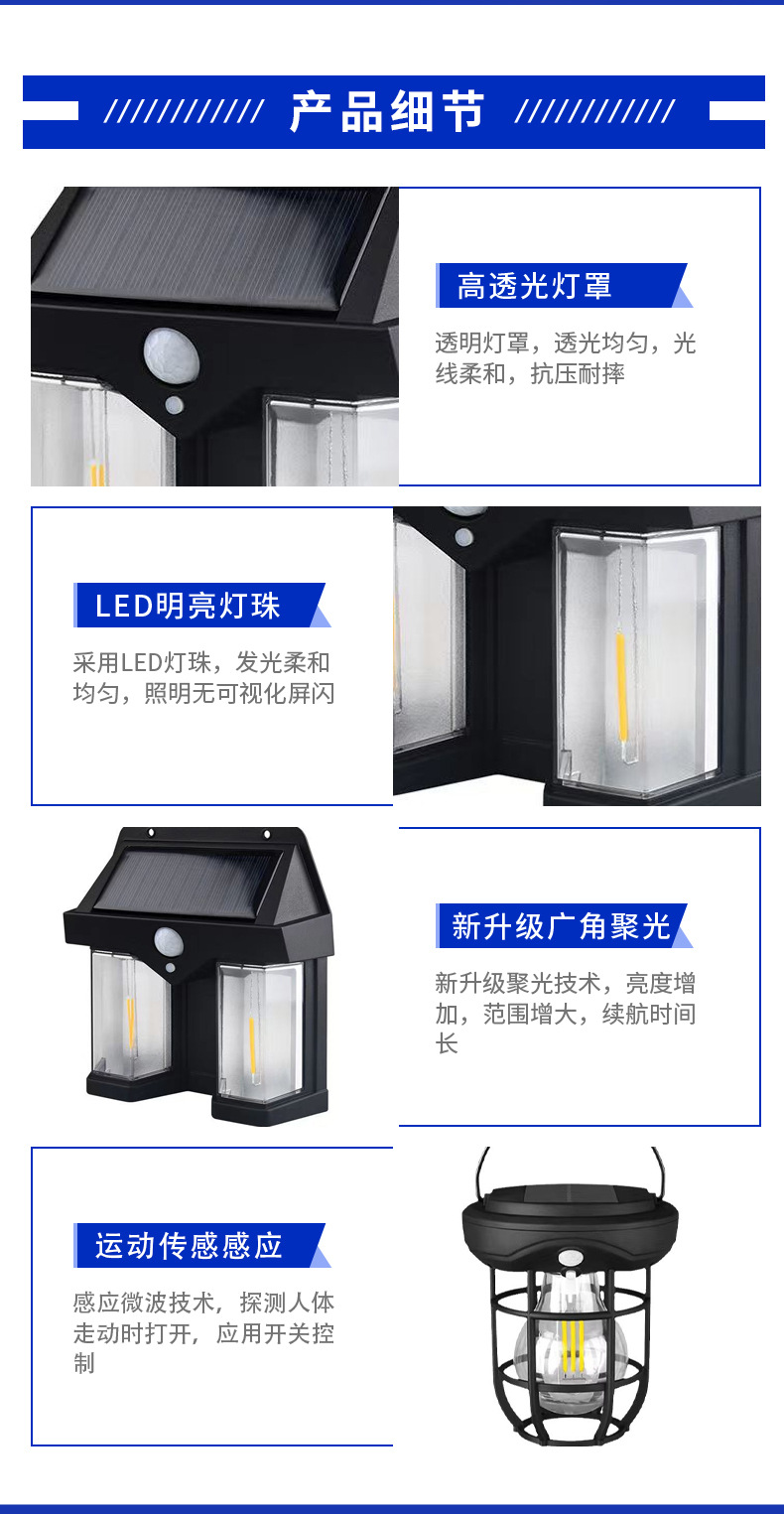 Cross-border new outdoor solar lamps, tungsten filament wall lamps, courtyard sensor lamps, garden villa night lights, lighting, waterproof pic 4