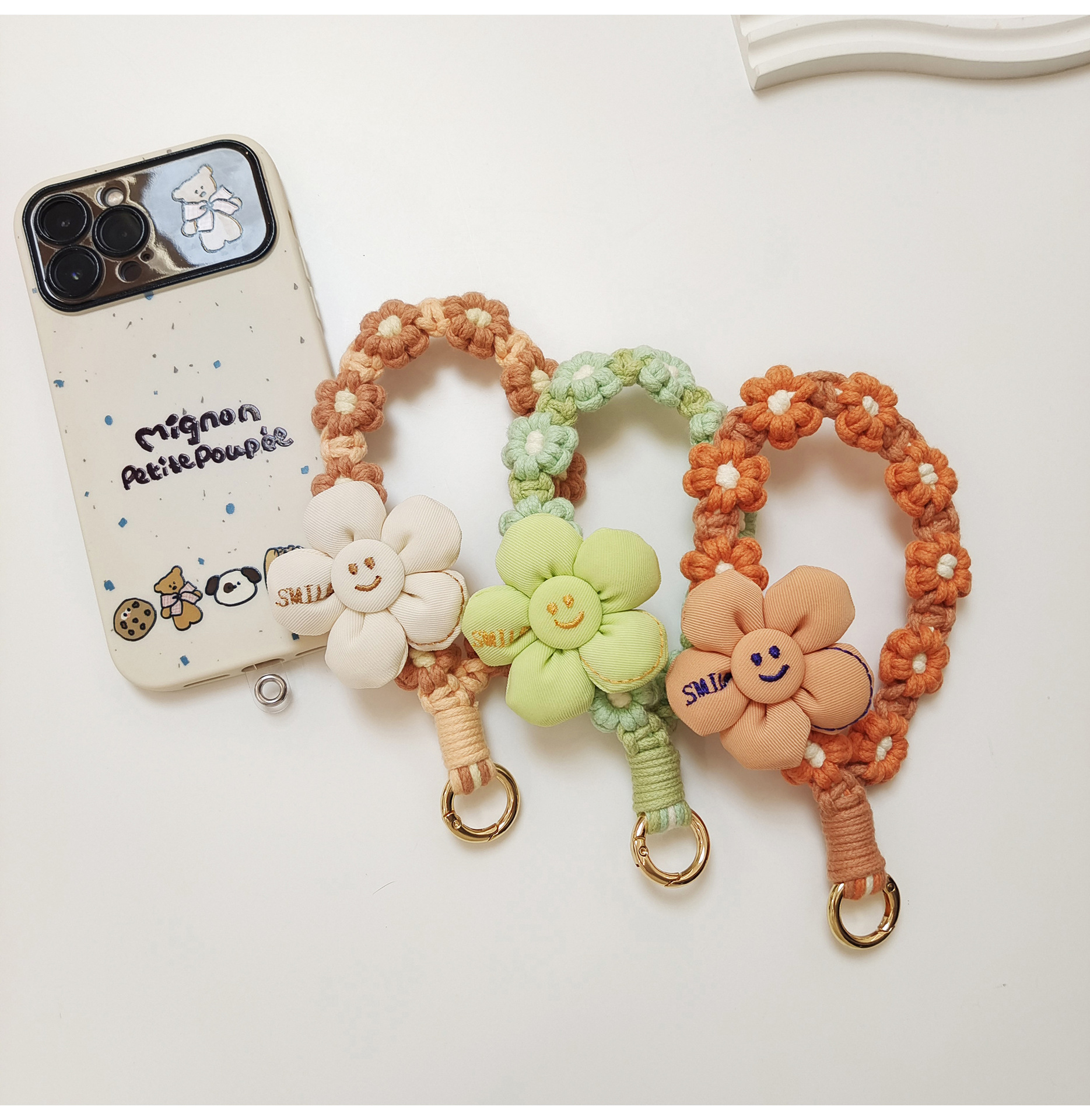日韩可爱手工编织花朵钥匙扣手机挂件立体花花手腕挂绳手作礼品女详情6