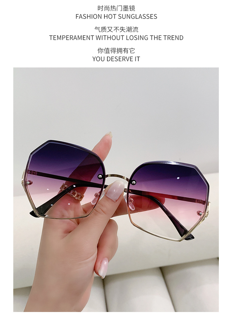 New frameless edge-cut sunglasses for women, fashionable and versatile metal sunglasses for large faces, slimming and UV protection glasses pic 2
