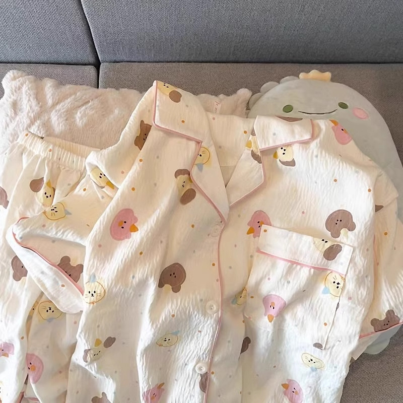 Pajama Women Summer Cloud Cotton 2024 New Style sweet and cute cardigan casual short-sleeved and short-shorts home wear set pic 14