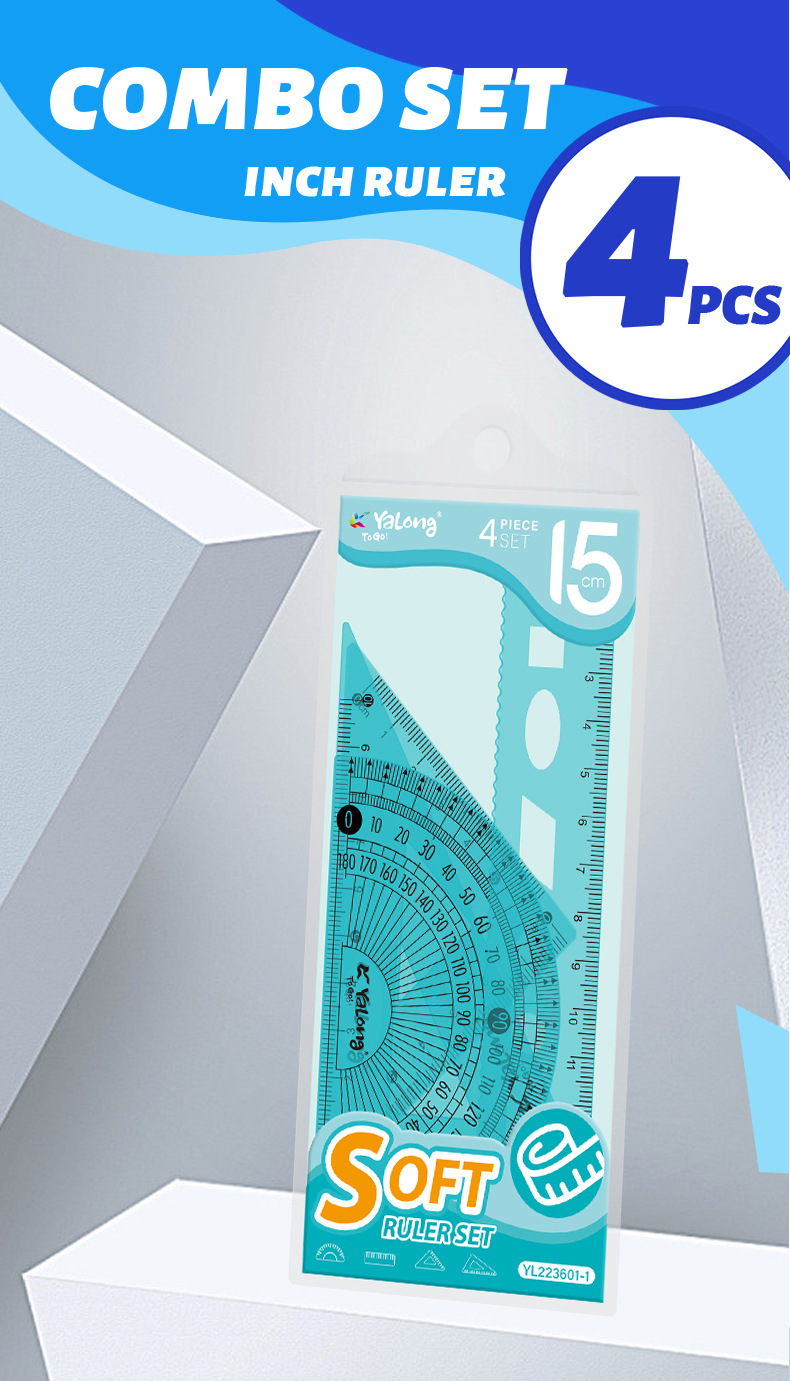 Yalong Cross-border wholesale flexible rulers, student stationery, geometric rulers 15 cm, plastic in multiple sizes, 4 pieces ruler sleeves pic 1
